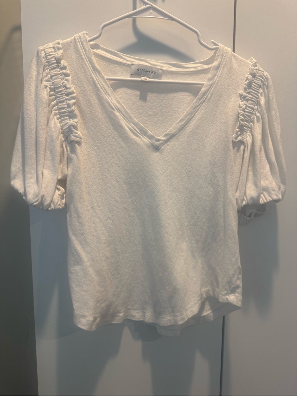 Witchery White V-Neck Ruched Sleeve linen t shirt